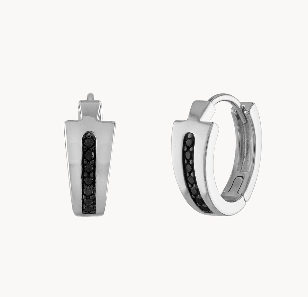 Bulova Icon Black Diamond Mens Earrings Huggie Hoop Sterling Silver BVE1007-WSAA